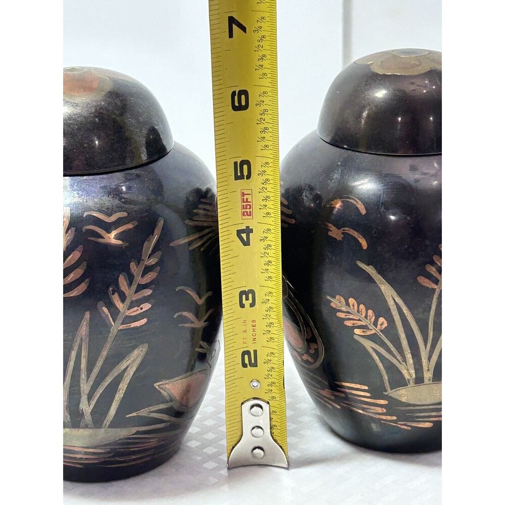 2 Vintage Tricolor Brass Swan Ginger Jar Urn Metal Lake Scene Asian Sunset India - Picture 7 of 13